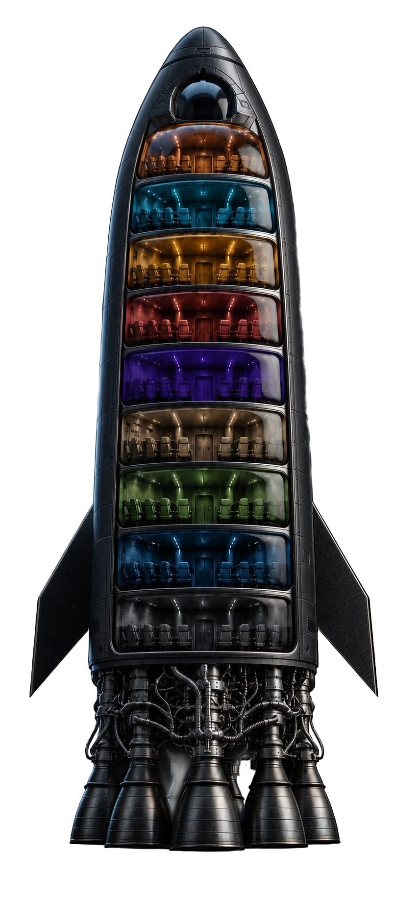 Dark graphite cutaway rocket with nine colorful passenger sectors and a realistic engine cluster